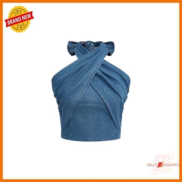 Tops - Crisscross Tie Neck Halter Denim Tank Top Sleeveless Ruched Fitted